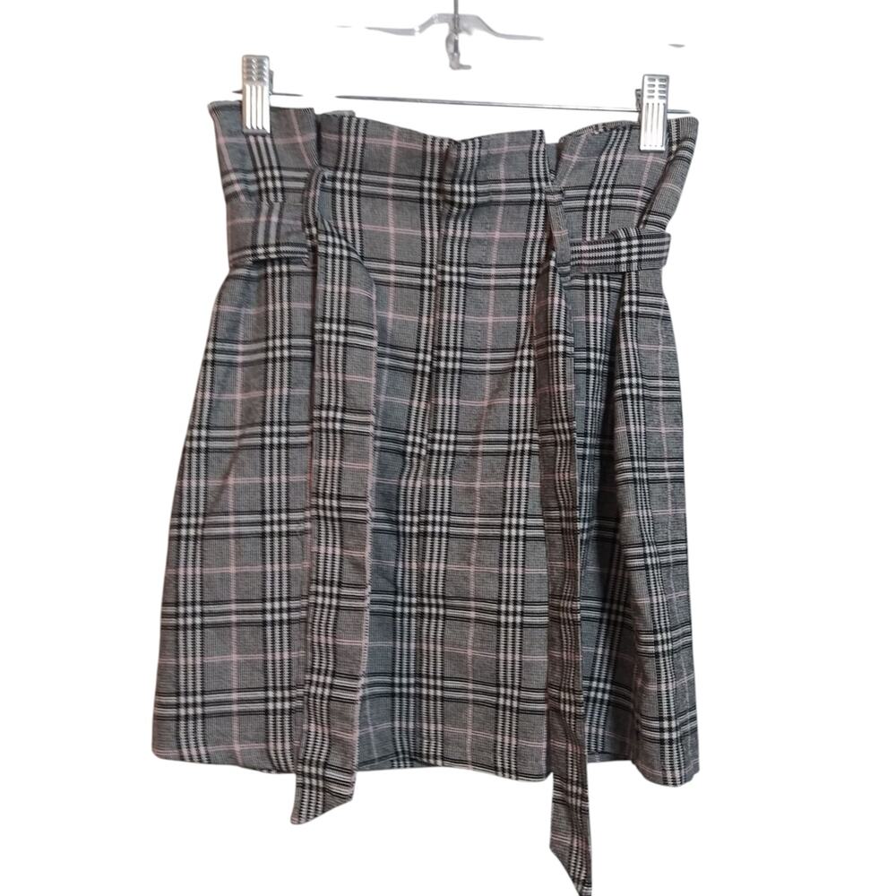 Bershka Black Pink Plaid Paper Bag High-Waisted Skirt Belted Preppy Academia XS